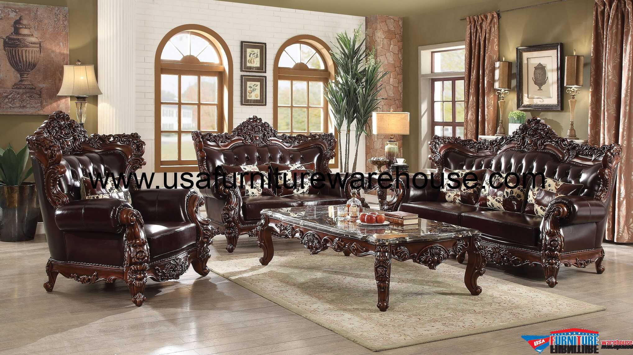 forsythia wood trim top grain leather sofa set