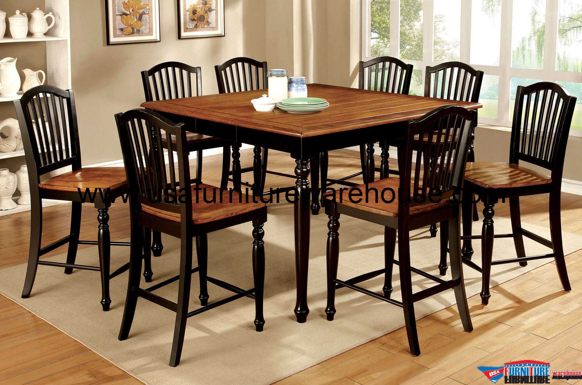 9 Piece Maywille Counter Height Dining Set In Black Antique Oak 