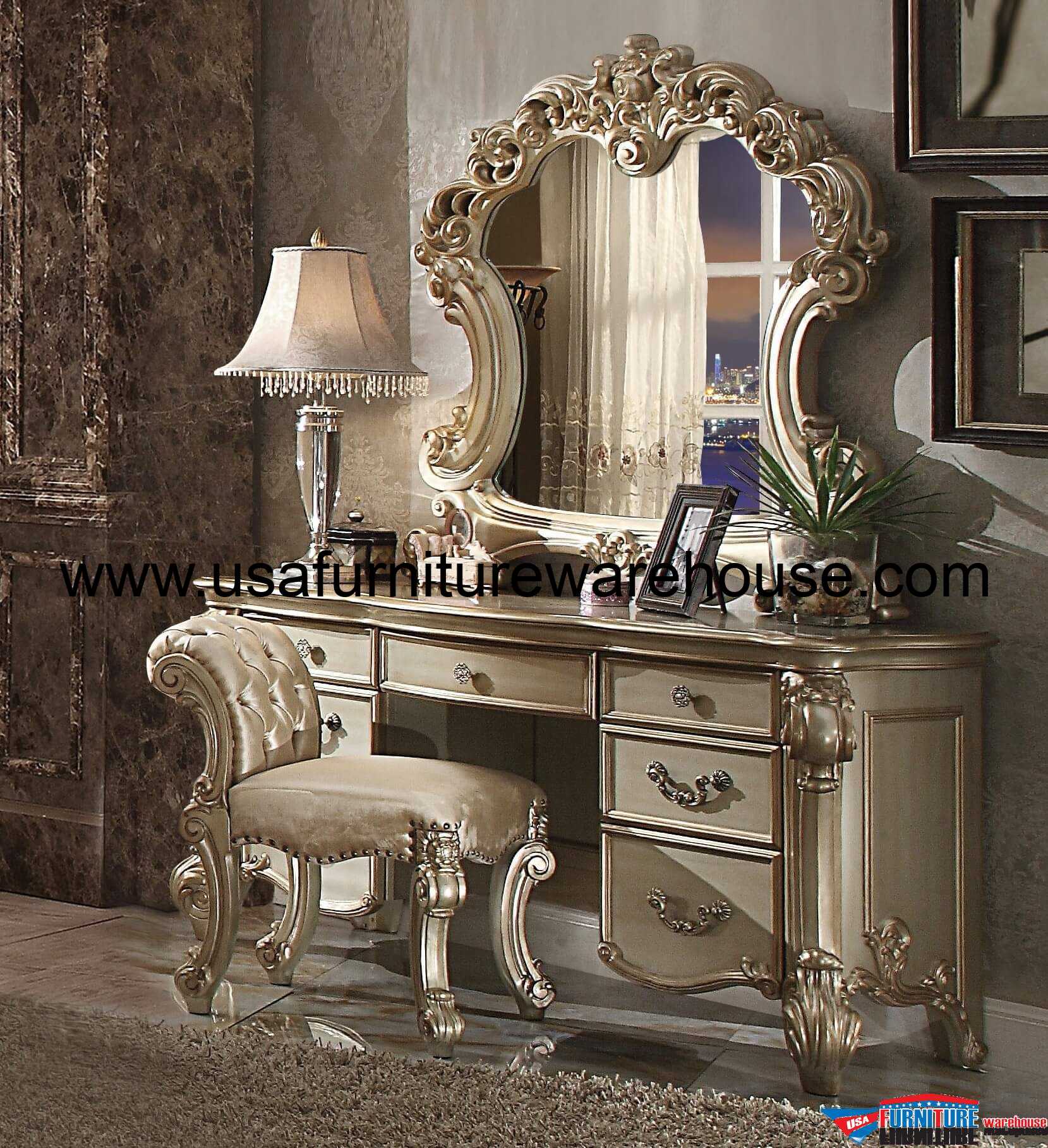 3 Piece Acme Vendome Gold Patina Vanity Set With Stool Usa Furniture Warehouse