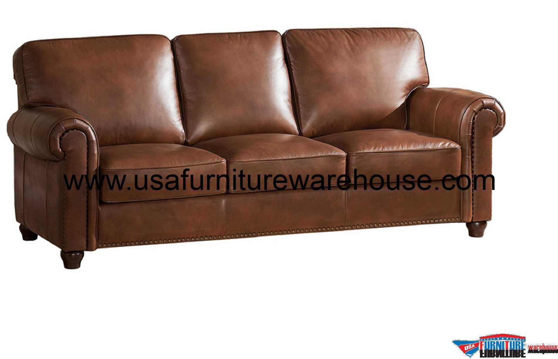 Barbara Full Top Grain Brown Leather Sofa USA Furniture Warehouse