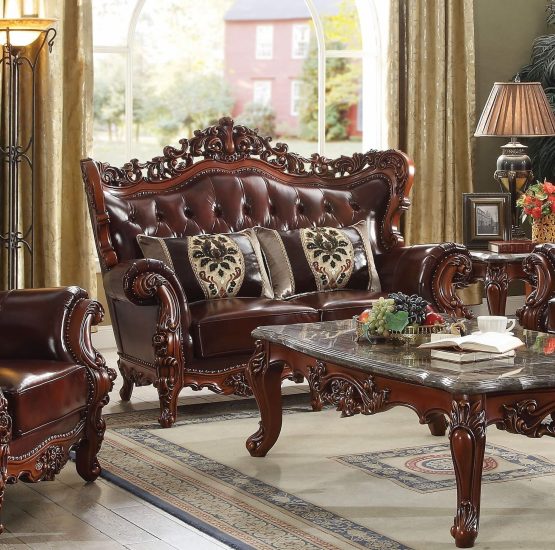 Eustoma Wood Trim Top Grain Leather Sofa Set - USA Furniture Warehouse