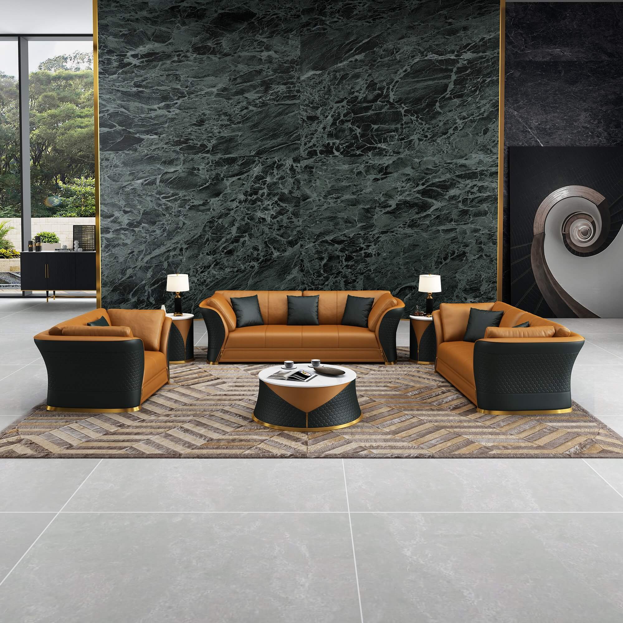 3 Pieces European Vogue Sofa Set Italian Leather Cognac & Charcoal ...